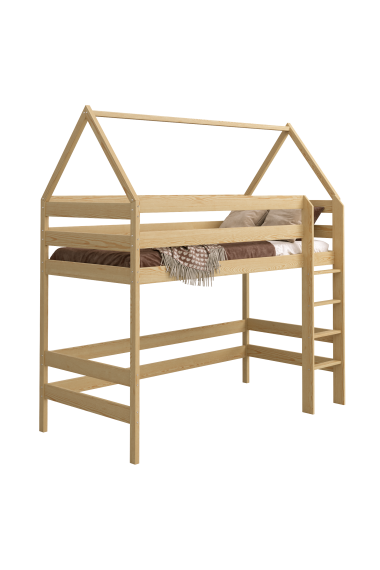 Letto a soppalco in legno di pino massello Casetta 200x90 cm