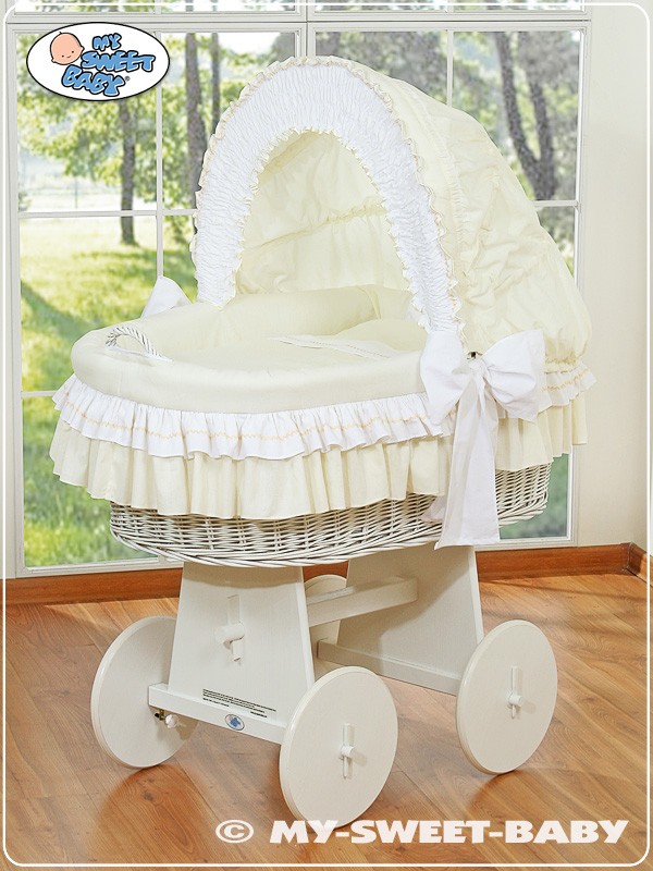 Navicella Vimini Neonato con Velo Set di Biancheria Creme Nastro